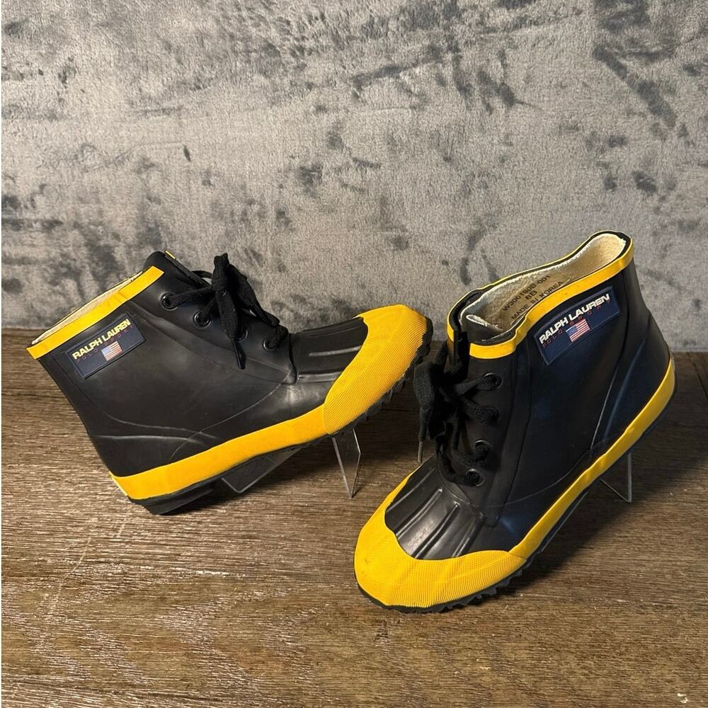 Vtg 90s Polo Ralph Lauren Duck Rain Boots Womens 8B Black Yellow Made in Korea